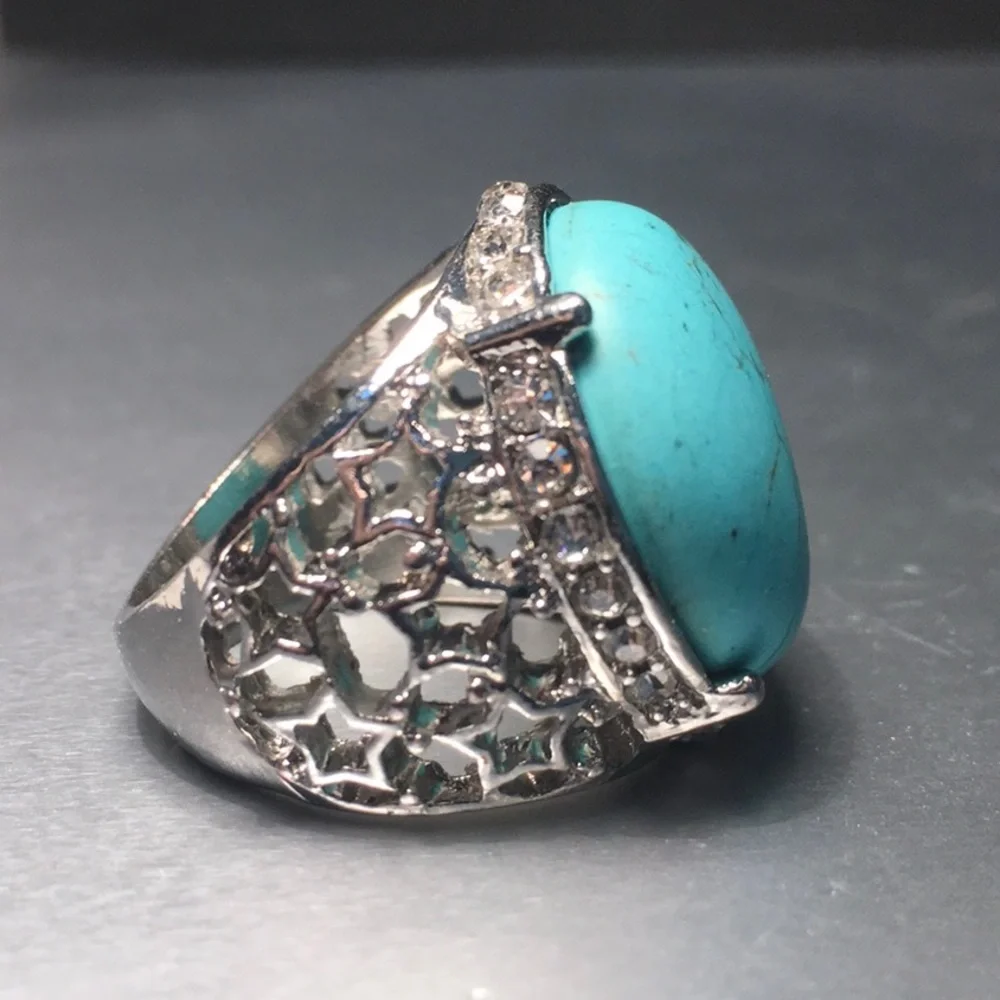 BLING RING-Turquoise/rhinestone/silver tone filagree, prong set, size 8 NWOT - Picture 12 of 12